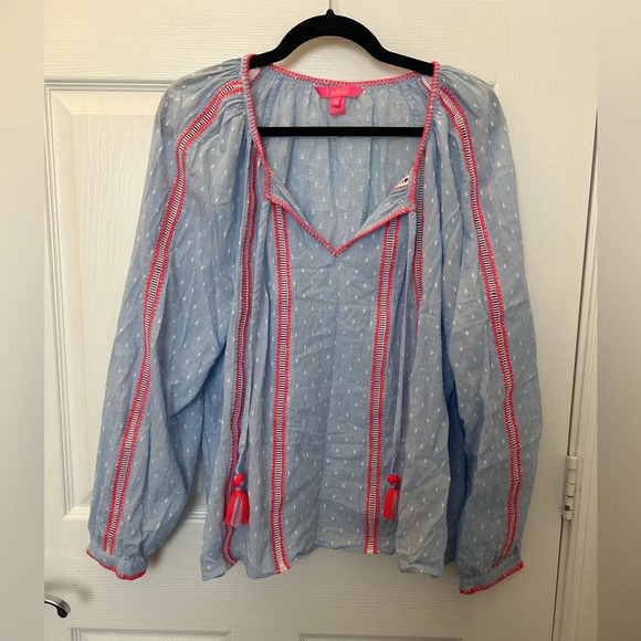 ! Lilly Pulitzer Mardi Long Sleeve Chambray Tassel Top Cotton Clip Blue XL… - Picture 5 of 7